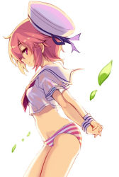 Rule 34 | 1girl, arms behind back, cowboy shot, crop top, from side, hat, komeiji satori, looking at viewer, minamura haruki, neckerchief, panties, pink eyes, pink hair, profile, sailor collar, sailor hat, simple background, smile, solo, standing, striped clothes, striped panties, touhou, underwear, weapon, white background, wind