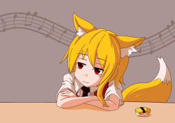 Rule 34 | 1girl, animal ear fluff, animal ears, asymmetrical hair, black necktie, blonde hair, brown background, brown vest, closed mouth, collared shirt, commentary request, cookie (touhou), crossed arms, food, fox ears, fox girl, fox tail, hair between eyes, looking to the side, medium hair, miramikaru riran, musical note, necktie, omelet, shirt, short sleeves, sidelocks, smile, solo, staff (music), tail, tamagoyaki, upper body, vest, white shirt, yan pai