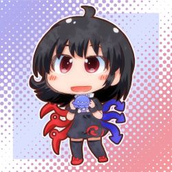 Rule 34 | 1girl, ahoge, asymmetrical wings, black dress, black hair, black thighhighs, blue wings, blush, bow, buttons, center frills, chibi, commentary request, dress, footwear bow, frilled dress, frills, full body, holding, houjuu nue, matty (zuwzi), one-hour drawing challenge, open mouth, red bow, red eyes, red footwear, red wings, short dress, short hair, short sleeves, smile, solo, thighhighs, tomoe (symbol), touhou, ufo, wings, wristband