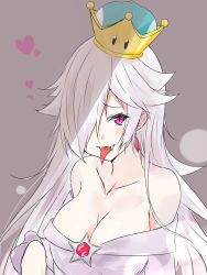 Rule 34 | 1girl, bad id, bad nicoseiga id, bare shoulders, breasts, cleavage, collarbone, commentary request, crown, dress, fusion, hair over one eye, heart, highres, large breasts, long hair, luigi&#039;s mansion, mario (series), new super mario bros. u deluxe, nintendo, pale skin, princess king boo, red eyes, rosalina, saku (kudrove), sharp teeth, simple background, star (symbol), strapless, strapless dress, super crown, super mario galaxy, teeth, tongue, tongue out, very long hair, white dress, white hair