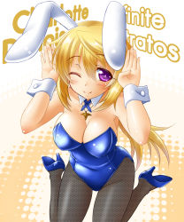 Rule 34 | 10s, 1girl, ;), animal ears, blonde hair, blush, breasts, character name, charlotte dunois, cleavage, copyright name, detached collar, fake animal ears, highres, infinite stratos, jewelry, large breasts, leotard, long hair, necklace, okitakung, one eye closed, pantyhose, playboy bunny, purple eyes, rabbit ears, rabbit pose, shoes, smile, solo, wink, wrist cuffs