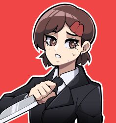 Rule 34 | 1girl, absurdres, alternate hairstyle, black jacket, black necktie, black pants, brown eyes, brown hair, chainsaw man, collared shirt, earrings, formal, higashiyama kobeni, highres, holding, holding knife, jacket, jewelry, kermittend, kitchen knife, knife, looking at viewer, mole, mole under eye, mole under mouth, multiple moles, necktie, outline, pants, red background, shirt, shirt tucked in, short hair, simple background, solo, stud earrings, suit, suit jacket, sweat, teeth, white outline, white shirt