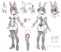 Rule 34 | 1girl, alternate costume, animal ears, artist name, ass, bare shoulders, boots, breasts, character name, character sheet, cleavage, commentary, covered navel, danganronpa (series), danganronpa 2: goodbye despair, detached collar, fake animal ears, fake tail, flipped hair, gloves, high heel boots, high heels, highres, leotard, light brown hair, medium breasts, mole, mole on breast, multiple views, nanami chiaki, playboy bunny, qosic, rabbit ears, short hair, simple background, standing, tagme, tail, translation request, visor, white background