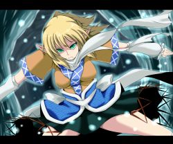 Rule 34 | 1girl, arm warmers, blonde hair, breasts, female focus, frown, green eyes, letterboxed, long hair, long pointy ears, looking at viewer, medium breasts, mizuhashi parsee, outstretched arms, pointy ears, scarf, sekitaku, solo, spread arms, spread legs, touhou