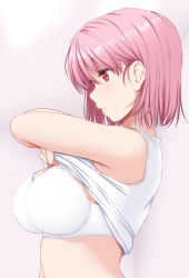 Rule 34 | 1girl, bare arms, bare shoulders, bra, breasts, clothes lift, commentary request, expressionless, from side, highres, large breasts, nori tamago, pink hair, profile, red eyes, saigyouji yuyuko, shirt, shirt lift, short hair, sideboob, simple background, sleeveless, sleeveless shirt, solo, touhou, underwear, undressing, upper body, white bra, white shirt