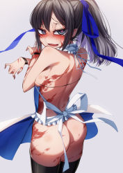 Rule 34 | 1girl, apron, ass, black thighhighs, blue eyes, breasts, burn scar, cluseller, cowboy shot, dorei to no seikatsu ~teaching feeling~, from behind, grey hair, heart, heart-shaped pupils, highres, looking at viewer, looking back, naked apron, scar, sideboob, simple background, skindentation, solo, sylvie (dorei to no seikatsu), symbol-shaped pupils, thighhighs, tsurime, white background