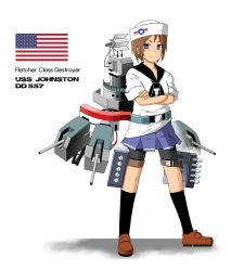 Rule 34 | 10s, 1girl, american flag, bike shorts, blue eyes, brown hair, character name, crossed arms, dixie cup hat, hat, highres, kantai collection, kneehighs, loafers, mary janes, military hat, original, personification, school uniform, serafuku, shoes, short hair, skirt, smile, socks, solo, turret, u-tan (artist), u-tan (timerush90), united states, uss johnston (dd-557), world war ii