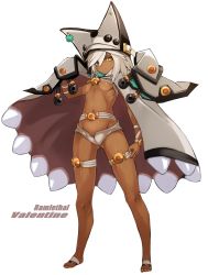 Rule 34 | 1girl, armor, belt, belt bra, black hat, breasts, brown cape, buckle, cape, character name, clover, colored eyelashes, dark-skinned female, dark skin, four-leaf clover, full body, groin, guilty gear, guilty gear xrd, hair between eyes, hand up, hat, highres, karukan (monjya), legs apart, looking at viewer, medium breasts, medium hair, nail polish, navel, orange eyes, parted lips, pauldrons, ramlethal valentine, ribbon, serious, shadow, shiny skin, short shorts, shorts, shoulder armor, simple background, solo, standing, stomach, teeth, thigh strap, toenail polish, toenails, underboob, white background, white belt, white cape, white hair, white hat, white nails, white shorts, wrist ribbon