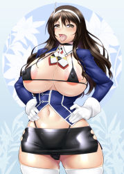 Rule 34 | 10s, 1girl, :d, areola slip, ashigara (kancolle), ayato, bikini, black bikini, blush, breasts, brown eyes, brown hair, cleavage, covered erect nipples, curvy, fang, female pubic hair, gloves, gluteal fold, hairband, hands on own hips, highres, kantai collection, large areolae, large breasts, long hair, looking at viewer, micro bikini, navel, open mouth, pubic hair, pubic hair peek, revealing clothes, skirt, smile, solo, swimsuit, thick thighs, thighhighs, thighs, tongue, white gloves, white thighhighs, wide hips