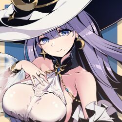 Rule 34 | 1girl, absurdres, azur lane, bare shoulders, blue background, blunt bangs, border, breasts, closed mouth, crescent, crescent earrings, dress, earrings, guichen (azur lane), hair between eyes, hat, highres, jewelry, large breasts, mole, mole under mouth, outside border, purple eyes, purple hair, rabe26k, ring, sideboob, simple background, smile, solo, star (symbol), star earrings, upper body, white dress, white hat, witch hat, yellow border