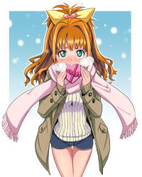 Rule 34 | 10s, 1girl, blush, bow, bowieknife, breath, brown hair, candy, chocolate, chocolate heart, food, green eyes, hair bow, hair ornament, heart, heart-shaped pupils, hino akane (idolmaster), idolmaster, idolmaster cinderella girls, long hair, scarf, shorts, snowing, solo, sweater, symbol-shaped pupils, thigh gap, thighs, valentine, yellow bow