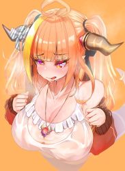 Rule 34 | 1girl, ahoge, bare shoulders, black ribbon, blonde hair, blunt bangs, blush, bow, breasts, bright pupils, camisole, cleavage, collarbone, commentary, diagonal-striped bow, dragon girl, dragon horns, dragon tail, dripping, english commentary, feet out of frame, frilled camisole, frills, from above, hair ribbon, hands up, highres, hololive, horn bow, horn ornament, horns, jacket, jewelry, kajimakoto, kiryu coco, kiryu coco (loungewear), large breasts, long hair, long sleeves, looking away, multicolored eyes, multicolored hair, off shoulder, official alternate costume, open mouth, orange background, orange hair, pendant, pointy ears, purple eyes, red eyes, red jacket, ribbon, scales, see-through, sidelocks, simple background, solo, spaghetti strap, steam, streaked hair, striped, striped bow, tail, thighhighs, track jacket, twintails, virtual youtuber, wet, wet clothes, white camisole, white pupils