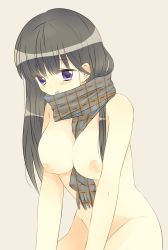 Rule 34 | 1girl, bad id, bad pixiv id, black hair, blush, breasts, female focus, large breasts, long hair, naked scarf, nipples, nude, original, purple eyes, scarf, simple background, solo