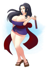 Rule 34 | 1girl, absurdres, bare shoulders, black hair, bow, breasts, cleavage, curvy, feet, female focus, full body, gradient background, hair ornament, hand fan, hand on own hip, highres, hip focus, holding, huge breasts, japanese clothes, kimono, legs, lips, long hair, paper fan, ribbon, sandals, solo, standing, thick thighs, thighs, uchiwa, white background, wide hips, yellow eyes, yukata
