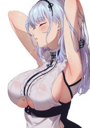 Rule 34 | 1girl, adjusting hair, armpits, azur lane, blue hair, blush, breasts, cleavage cutout, dido (azur lane), closed eyes, highres, large breasts, maid, open mouth, solo, sweat, wet, wet clothes, yukiaka