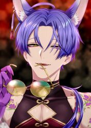 Rule 34 | 1boy, ahoge, animal ear fluff, animal ears, bare shoulders, cleavage cutout, clothing cutout, earrings, fangs, fingernails, fox boy, fox ears, glasses, glasses in mouth, heterochromia, highres, holding, holding glasses, jewelry, kuya (nu carnival), long hair, male focus, nu carnival, open mouth, pectoral cleavage, pectorals, ponytail, purple eyes, purple hair, sharp fingernails, shoulder tattoo, slit pupils, tattoo, upper body, yadome810, yellow eyes