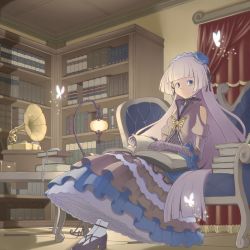 Rule 34 | 1girl, bare shoulders, blue eyes, book, bookshelf, bug, butterfly, couch, dress, elbow gloves, gothic lolita, hairband, high heels, hime cut, bug, lamp, lolita fashion, lolita hairband, long hair, odette (sennen sensou aigis), petticoat, phonograph, pocket watch, sennen sensou aigis, shadow, silver hair, sitting, smile, soll56, solo, watch