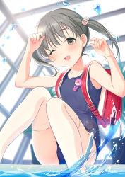 Rule 34 | 1girl, :d, backpack, bag, bare arms, bare shoulders, blue one-piece swimsuit, blurry, blurry foreground, blush, commentary request, depth of field, feet out of frame, fingernails, grey eyes, grey hair, hair bobbles, hair ornament, hands up, highres, looking at viewer, one-piece swimsuit, one eye closed, open mouth, original, pool, randoseru, rei no pool, school swimsuit, sitting, smile, solo, swimsuit, thighhighs, tsukana (saba mizore), twintails, wading, water, white thighhighs