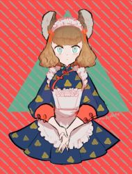 Rule 34 | 1girl, animal ears, apron, brown hair, cropped torso, dress, expressionless, frilled apron, frilled headband, frills, l hakase, long sleeves, original, print dress, short hair, solo, striped, striped background, triangle, upper body