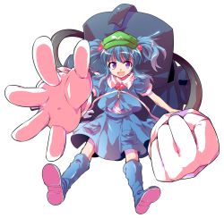 Rule 34 | 1girl, :d, alphes (style), backpack, bag, bare arms, blue footwear, blue hair, blue shirt, blue skirt, boots, collared shirt, dairi, eyebrows, facing viewer, full body, green hat, hair bobbles, hair ornament, hat, kawashiro nitori, key, legs apart, looking at viewer, open mouth, parody, pocket, puffy short sleeves, puffy sleeves, purple eyes, rubber boots, shirt, short hair, short sleeves, sidelocks, skirt, skirt set, smile, solo, style parody, tareme, touhou, transparent background, two side up, undershirt, white shirt, wrench