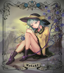 Rule 34 | 1girl, blouse, boots, character name, commentary request, flower, green eyes, green hair, green skirt, hat, komeiji koishi, long sleeves, looking at viewer, matching hair/eyes, purple flower, purple rose, rose, shirt, sitting, skirt, smile, solo, text focus, third eye, touhou, wide sleeves, xiezhua (amyoy), yellow shirt