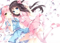 Rule 34 | 2girls, absurdres, blue dress, blue eyes, blush, bow, breasts, brown hair, bubble, dress, frilled dress, frills, highres, index finger raised, leg up, long hair, medium breasts, mochizuki shiina, multiple girls, one eye closed, open mouth, original, pink bow, pink dress, pink footwear, pink hair, scan, short dress, short sleeves, simple background, smile, thighhighs, thighs, twintails, water drop, white legwear, yellow eyes, zettai ryouiki