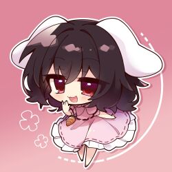Rule 34 | 1girl, :d, animal ears, barefoot, black hair, blush, carrot necklace, chibi, commentary, dress, frilled dress, frills, full body, gradient background, hair between eyes, highres, inaba tewi, jewelry, misosiru 0224, necklace, open mouth, pink background, pink dress, rabbit ears, red eyes, short hair, short sleeves, smile, solo, touhou