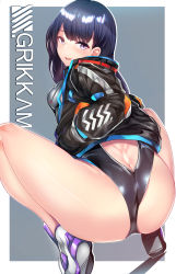 Rule 34 | 1girl, ass, azur lane, backless swimsuit, black jacket, black one-piece swimsuit, butt crack, competition swimsuit, from behind, gridman universe, highres, jacket, long hair, looking at viewer, looking back, one-piece swimsuit, open clothes, open jacket, purple eyes, purple hair, school uniform, silly (marinkomoe), solo, squatting, ssss.gridman, swimsuit, takarada rikka, thighs, white footwear
