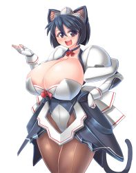 Rule 34 | 00s, 1girl, animal ears, apron, areola slip, black hair, blue hair, blush, breasts, brown eyes, cat ears, cat tail, choker, cleavage, curvy, highres, huge breasts, looking at viewer, maid, maid apron, maid headdress, mecha musume, naniwadou, open mouth, sanada, sanada (ufo princess valkyrie), short hair, smile, solo, standing, tail, transparent background, ufo princess valkyrie, wide hips, wrist cuffs