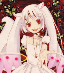 Rule 34 | 10s, 1girl, animal ears, bad id, bad pixiv id, bug, butterfly, collarbone, crazy eyes, dress, empty eyes, fangs, insect, jewelry, kyubey, long hair, mahou shoujo madoka magica, mahou shoujo madoka magica (anime), open mouth, outstretched hand, pendant, personification, red eyes, ribbon, shiro neko, smile, solo, tareme, twintails, yandere