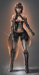Rule 34 | 1girl, bare shoulders, belt, boots, braid, breasts, brown hair, cleavage, dagger, elbow gloves, elf, fantasy, gloves, grey eyes, highres, jewelry, knife, large breasts, lips, long hair, looking at viewer, midriff, navel, original, pendant, pointy ears, pouch, sakimichan, scar, simple background, throwing knife, weapon
