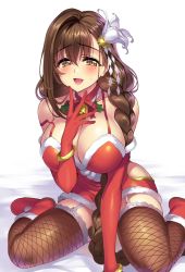 Rule 34 | 1girl, boots, breasts, brown eyes, brown hair, brown thighhighs, cleavage, elbow gloves, fishnet thighhighs, fishnets, flower, garter straps, gloves, hair flower, hair ornament, highres, kanpani girls, large breasts, long hair, md5 mismatch, mole, mole under eye, open mouth, red footwear, red gloves, resolution mismatch, revision, santa costume, senri gan, shirayuri sakura, simple background, sitting, smile, solo, source larger, thighhighs, wariza, white background