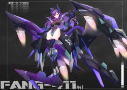 Rule 34 | 1girl, armor, black background, breasts, character request, claws, dullahan, english text, floating hair, gradient hair, horns, large breasts, long hair, mecha, multicolored hair, purple hair, red eyes, robot, smile, twitter username, uhen, virtual youtuber
