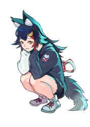 Rule 34 | 1girl, :3, absurdres, animal ear fluff, animal ears, black hair, full body, highres, hololive, hood, hood down, hoodie, long hair, long sleeves, motoko (1037494614), ookami mio, ookami mio (casual), red hair, short shorts, shorts, solo, squatting, tail, tail wrap, virtual youtuber, wolf ears, wolf tail