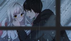 Rule 34 | 1boy, 1girl, bad id, bad pixiv id, black hair, black hoodie, blanket, blurry, blurry foreground, blush, collarbone, commentary request, depth of field, dress, eye contact, from outside, grey eyes, grey hair, highres, hood, hood down, hoodie, long hair, looking at another, open mouth, orange eyes, original, parted lips, profile, rain, seno (senohime), sweat, tears, teeth, upper body, upper teeth only, white dress, wiping tears