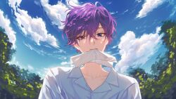 Rule 34 | 1boy, blue sky, buttons, closed mouth, cloud, collarbone, collared shirt, commentary, crossed bangs, day, english commentary, eyelashes, gradient hair, hair between eyes, heterochromia, highres, looking at viewer, male focus, mole, mole on neck, mouth hold, multicolored hair, nijisanji, nijisanji en, outdoors, paper, parted bangs, pink eyes, purple eyes, purple hair, shirt, short hair, sky, solo, tree, uki violeta, upper body, virtual youtuber, white shirt, yongcheol