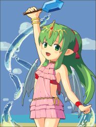 Rule 34 | 1girl, :d, arm up, beach, blush stickers, child, dragon girl, dragon wings, dragonstone, female focus, fire emblem, fire emblem: mystery of the emblem, fire emblem heroes, food, green eyes, green hair, long hair, looking at viewer, mageddon, magic, matching hair/eyes, nintendo, official alternate costume, arm up, open mouth, outdoors, pointy ears, popsicle, sky, smile, solo, standing, swimsuit, tiara, tiki (fire emblem), tiki (young) (fire emblem), water, wings