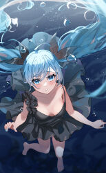 Rule 34 | 1girl, 39, absurdres, aqua hair, black dress, blue eyes, blue nails, blush, breasts, commentary request, dress, facing viewer, haru yu, hatsune miku, highres, miku day, nail polish, parted lips, shinkai shoujo (vocaloid), small breasts, solo, underwater, vocaloid