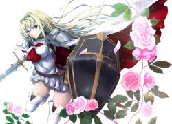 Rule 34 | 1girl, armor, awakening (sennen sensou aigis), bad id, bad pixiv id, blonde hair, blue eyes, boots, cape, cornelia (sennen sensou aigis), flower, hair ribbon, highres, ihara natsume, long hair, neckerchief, pauldrons, petals, ribbon, sennen sensou aigis, shield, shoulder armor, solo, standing, standing on one leg, sword, thigh boots, thighhighs, vambraces, weapon, white background, white footwear, white thighhighs, zettai ryouiki