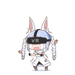 Rule 34 | 1girl, animal ear fluff, animal ears, black gloves, blue hair, bow, braid, carrot hair ornament, chibi, commentary request, crying, don-chan (usada pekora), dress, food-themed hair ornament, full body, gloves, hair bow, hair ornament, head-mounted display, hololive, multicolored hair, pantyhose, purin a la mode (popup), rabbit ears, rabbit girl, solo, streaming tears, tears, twin braids, two-tone hair, usada pekora, usada pekora (1st costume), virtual youtuber, wavy mouth, white dress, white hair