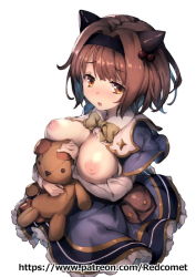 Rule 34 | 10s, 1girl, blush, breasts, breasts out, brown eyes, brown hair, cleavage, draph, dress, granblue fantasy, hairband, horns, looking at viewer, nipples, open mouth, redcomet, short hair, simple background, solo, stuffed animal, stuffed toy, teddy bear, watermark, web address, white background, yaia (granblue fantasy)