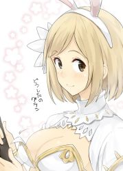 Rule 34 | 10s, 1girl, alternate costume, amami amayu, animal ears, areola slip, black eyes, blonde hair, blush, breasts, cleavage, closed mouth, djeeta (granblue fantasy), fake animal ears, floral background, flower, from side, granblue fantasy, hair flower, hair ornament, hairband, holding, lace, leotard, leotard pull, light smile, looking at viewer, looking back, motion lines, no bra, parted bangs, rabbit ears, sage (granblue fantasy), short hair, sideboob, smile, solo, strapless, strapless leotard, swept bangs, turtleneck, upper body, wardrobe malfunction, white background, wrist cuffs