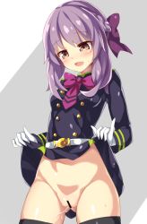 Rule 34 | 10s, black thighhighs, blush, bow, brown eyes, cameltoe, censored, clothes lift, gloves, hair bow, hiiragi shinoa, looking down, m/, no panties, open mouth, owari no seraph, panties, purple eyes, pussy, pussy juice, side-tie panties, simple background, skirt, skirt lift, solo, sweatdrop, thighhighs, unacchi (nyusankin), underwear, uniform