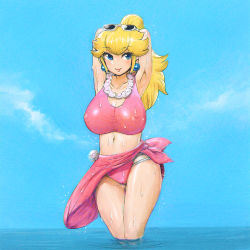 Rule 34 | 1girl, alternate costume, armpits, arms behind head, bikini, blonde hair, blue background, blue eyes, blue sky, breasts, buredoran, cleavage, closed mouth, collarbone, covered erect nipples, earrings, eyelashes, eyewear on head, flower, flower necklace, gluteal fold, jewelry, large breasts, legs together, lips, long hair, looking away, mario (series), navel, necklace, nintendo, nipples, ocean, partially submerged, pink bikini, pink sarong, ponytail, princess peach, sarong, see-through, sky, smile, solo, standing, stomach, sunglasses, sunglasses on head, super mario odyssey, swimsuit, taut bikini, taut clothes, thighs, water, wet, white-framed eyewear