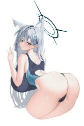 Rule 34 | 1girl, absurdres, against wall, animal ear fluff, animal ears, ass, back cutout, blue archive, breasts, clothing cutout, cropped legs, grey hair, halo, highres, huge breasts, invisible wall, looking at viewer, looking back, shiroko (blue archive), shiroko (swimsuit) (blue archive), shiroko terror (blue archive), simple background, simsim han-u, solo, two-tone one-piece swimsuit, white background, wolf ears