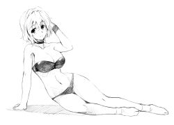 1girl arm_support bikini breasts female_focus greyscale henshako highres large_breasts lying md5_mismatch monochrome on_side resolution_mismatch saigyouji_yuyuko short_hair socks solo source_smaller swimsuit touhou