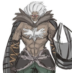 Rule 34 | 1boy, abs, bad id, bad tumblr id, beard, chest hair, claws, dark skin, dark-skinned male, eyebrows, facial hair, highres, male focus, mechanical arms, oversized forearms, oversized limbs, red eyes, red seiryu, topless male, sketch, solo, under night in-birth, waldstein, white hair