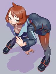 Rule 34 | 1girl, arezu (pokemon), ass, bent over, blue hoodie, blush, breasts, cleavage, cleavage reach, clothes lift, collarbone, cowlick, creatures (company), galaxy expedition team survey corps uniform, game freak, gradient legwear, highres, hood, hoodie, long sleeves, medium breasts, nintendo, pantyhose, pokemon, pokemon legends: arceus, red eyes, red hair, red pantyhose, scissors, short hair, solo, spread legs, swept bangs, tsuichi, two-tone legwear