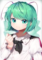 Rule 34 | 1girl, antennae, arm up, black cape, cape, commentary request, green background, green eyes, green hair, gunjou row, highres, juliet sleeves, light frown, long sleeves, looking at viewer, puffy sleeves, shirt, short hair, single tear, solo, touhou, two-tone background, white background, white shirt, wriggle nightbug