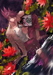 Rule 34 | 1boy, absurdres, blood, blood from mouth, closed mouth, collarbone, collared shirt, commentary request, cross, danganronpa (series), danganronpa v3: killing harmony, dutch angle, facial hair, flower, hair between eyes, highres, iei, jacket, knee up, long sleeves, looking at viewer, male focus, momota kaito, night, night sky, open clothes, open shirt, outdoors, pants, pink blood, pink pants, print shirt, purple hair, qianhai, red flower, shirt, short hair, sitting, sky, smile, spiked hair, spoilers, wading, water
